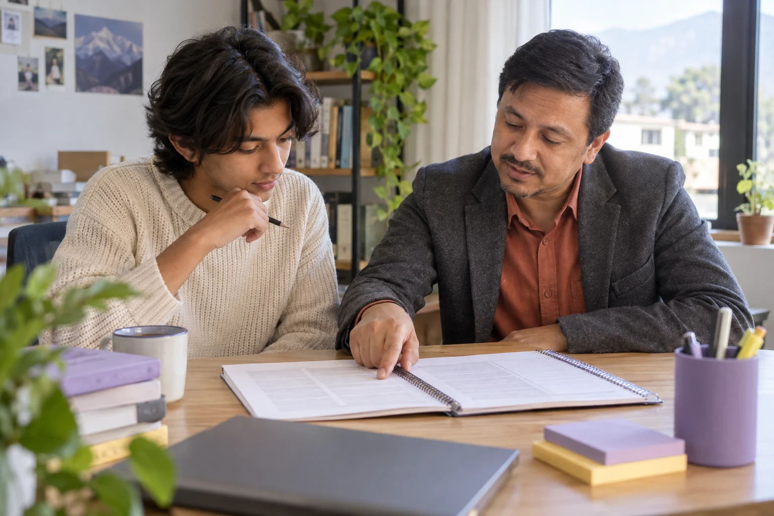 Nepali teenage boy reviewing connections between two passages with a tutor