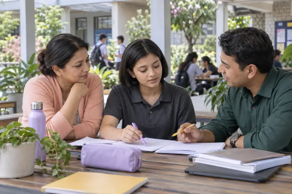 Nepali teenage girl studying paragraph structure with a counsellor and parent