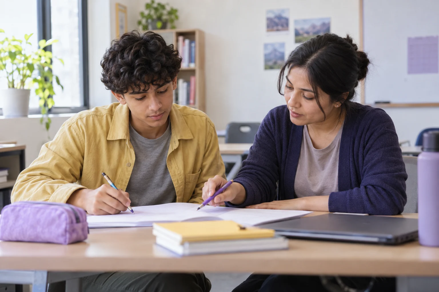 Nepali teenage boy identifying a paragraph purpose with a tutor