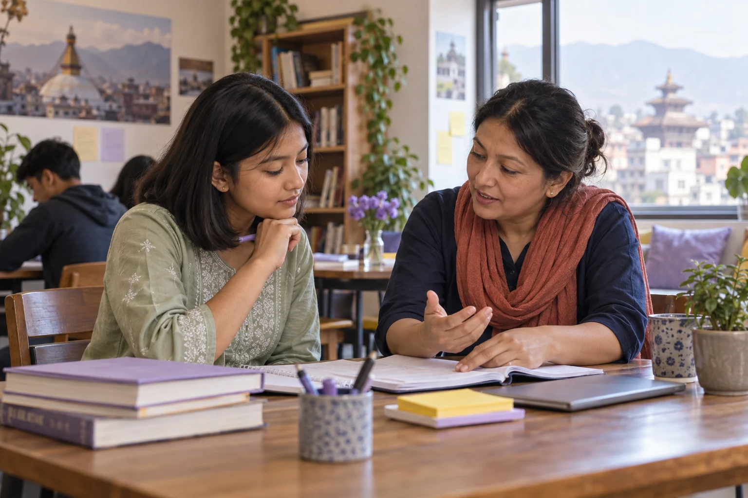 Nepali teenage girl reviewing literary passage details with a tutor