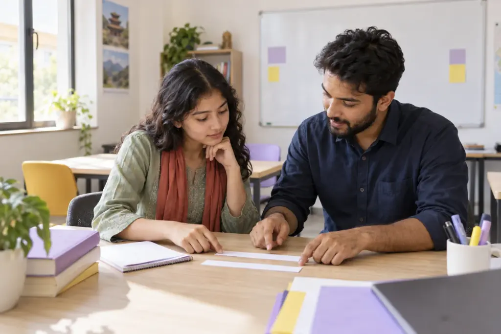 Nepali teenage girl checking SAT punctuation between clauses with a tutor