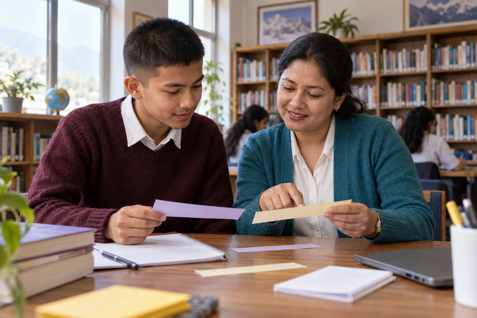 Nepali teenage boy sorting clause punctuation choices with a mentor