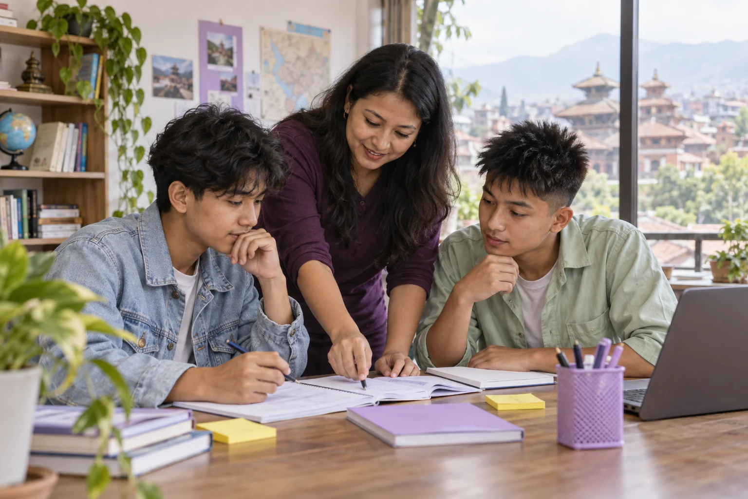 Two Nepali teenage boys reviewing SAT grammar structure with a teacher
