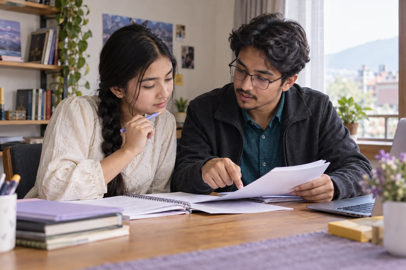 Nepali teenage girl comparing grammar choices with a mentor