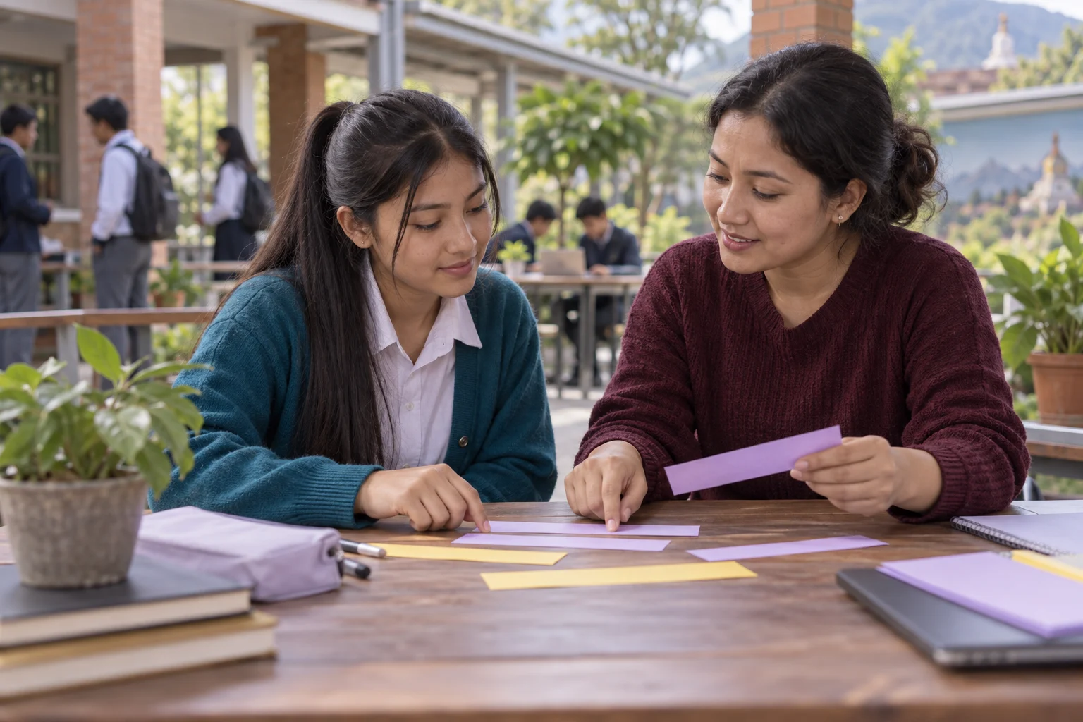 Nepali teenage girl repairing a run-on sentence with a tutor
