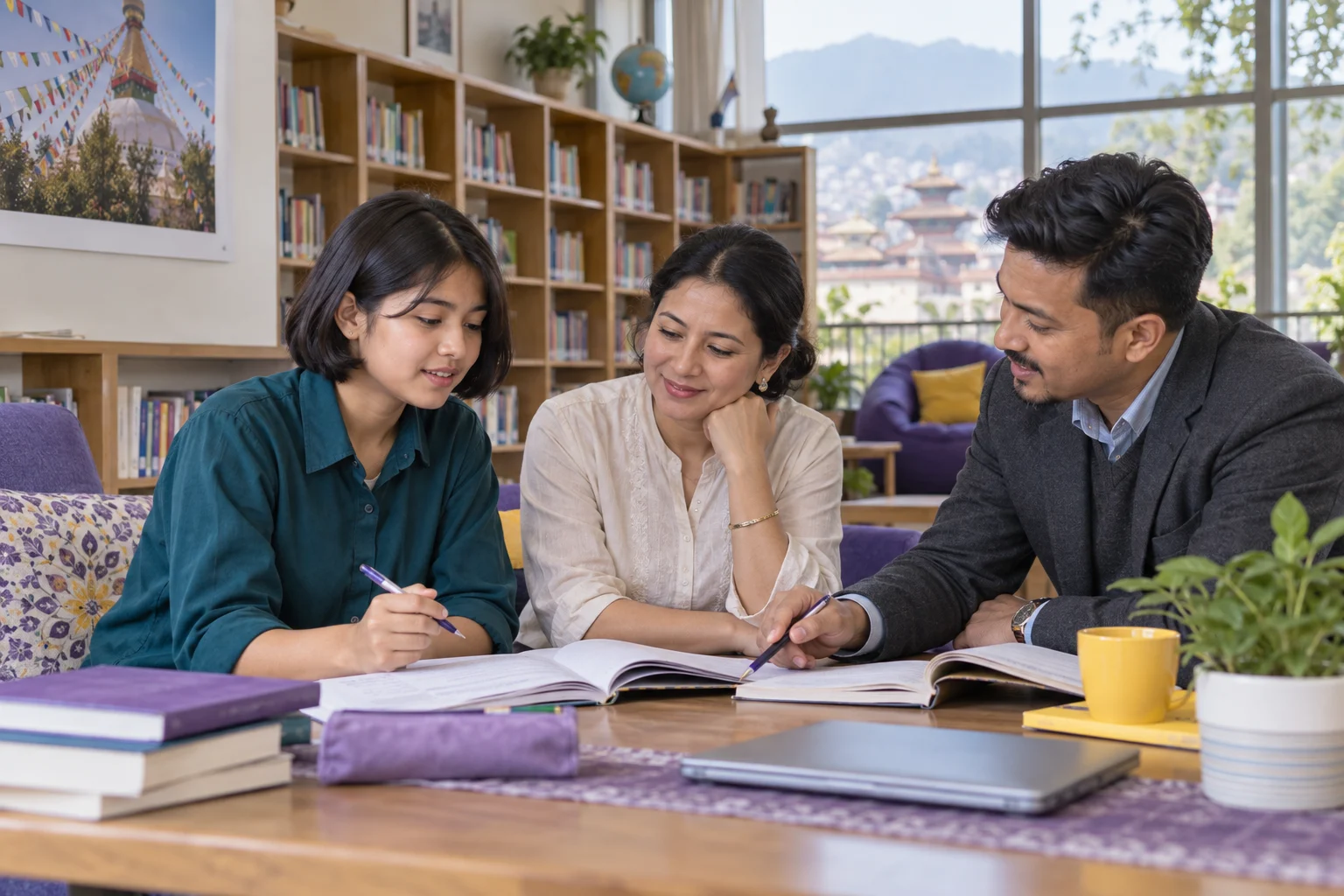 Nepali teenage girl reviewing subject-verb agreement with a tutor