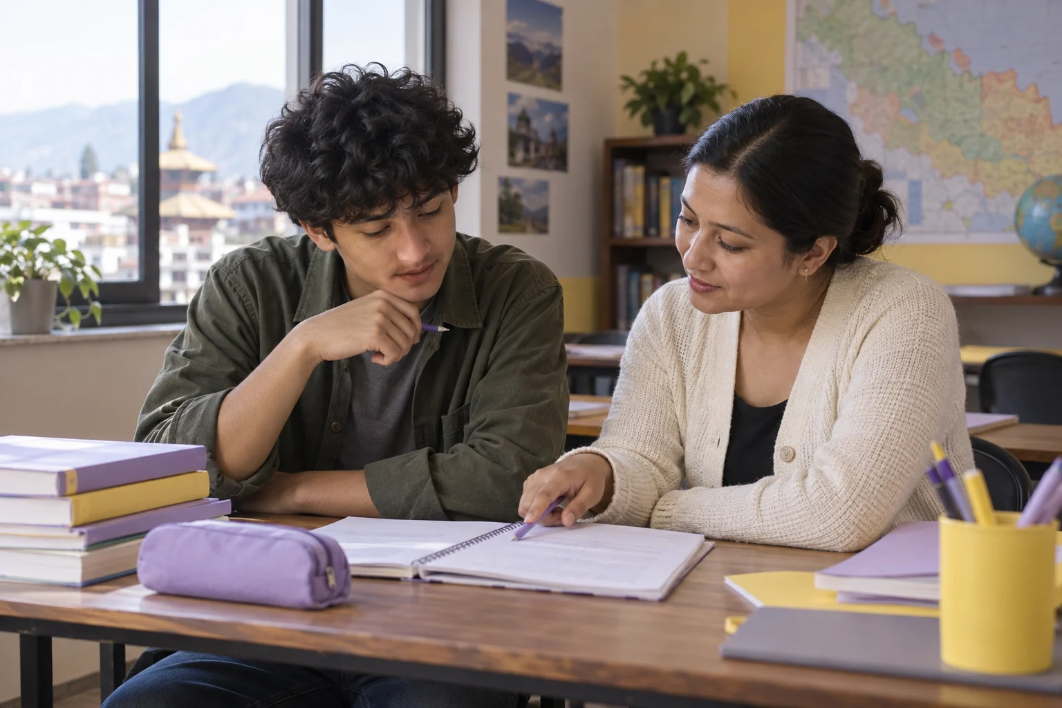 Nepali teenage boy identifying the subject of a sentence with a mentor