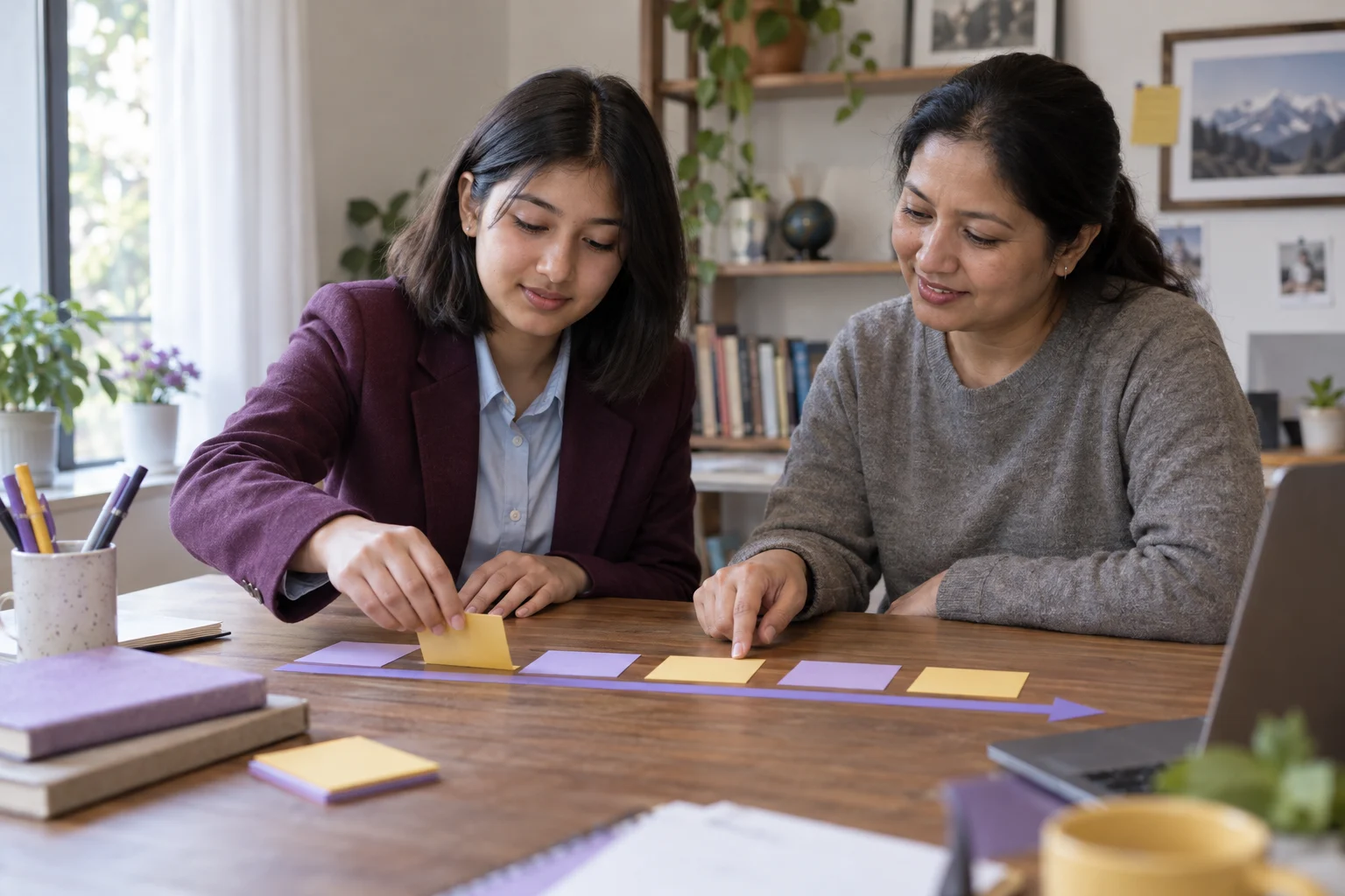 Nepali teenage girl reviewing a verb timeline with a tutor