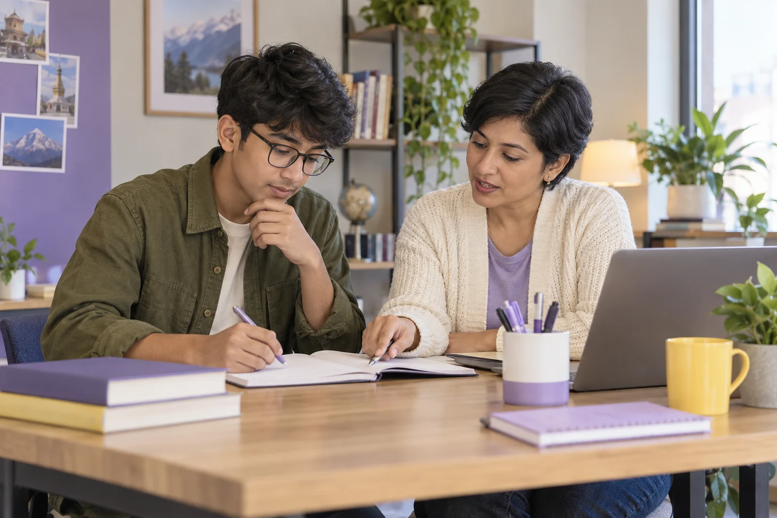 Nepali teenage boy checking pronoun references with a tutor
