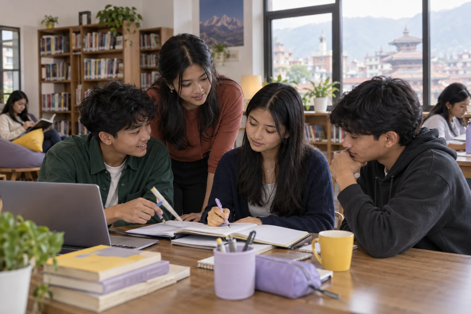 Nepali teenage students comparing modifier placement in a study group
