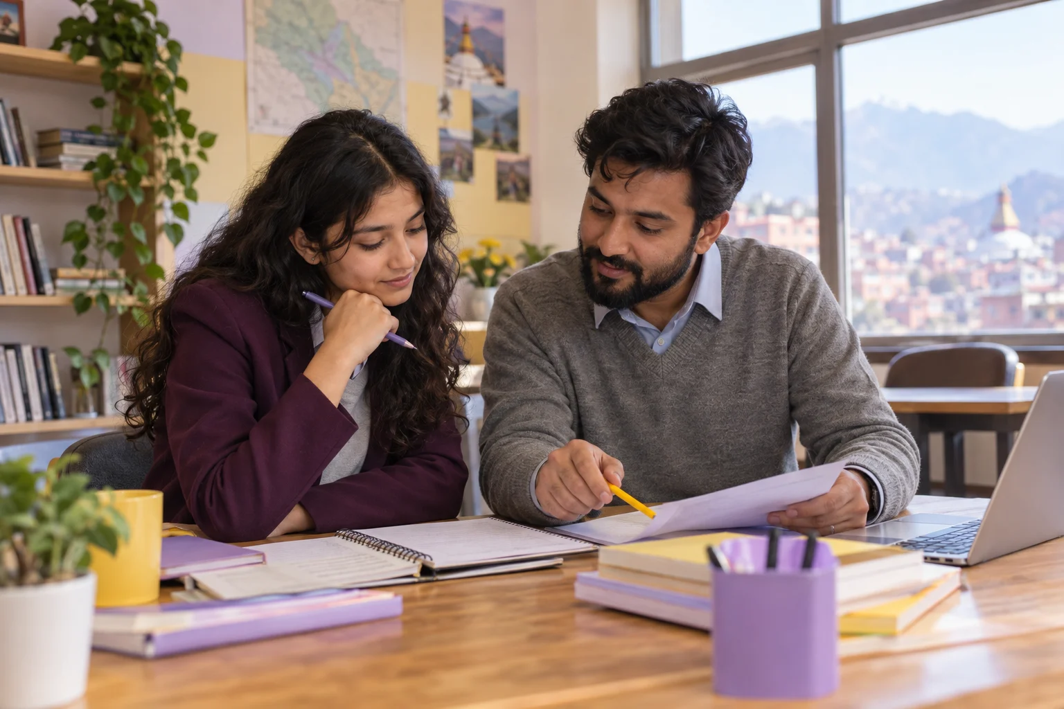 Nepali teenage girl comparing parallel sentence structures with a tutor