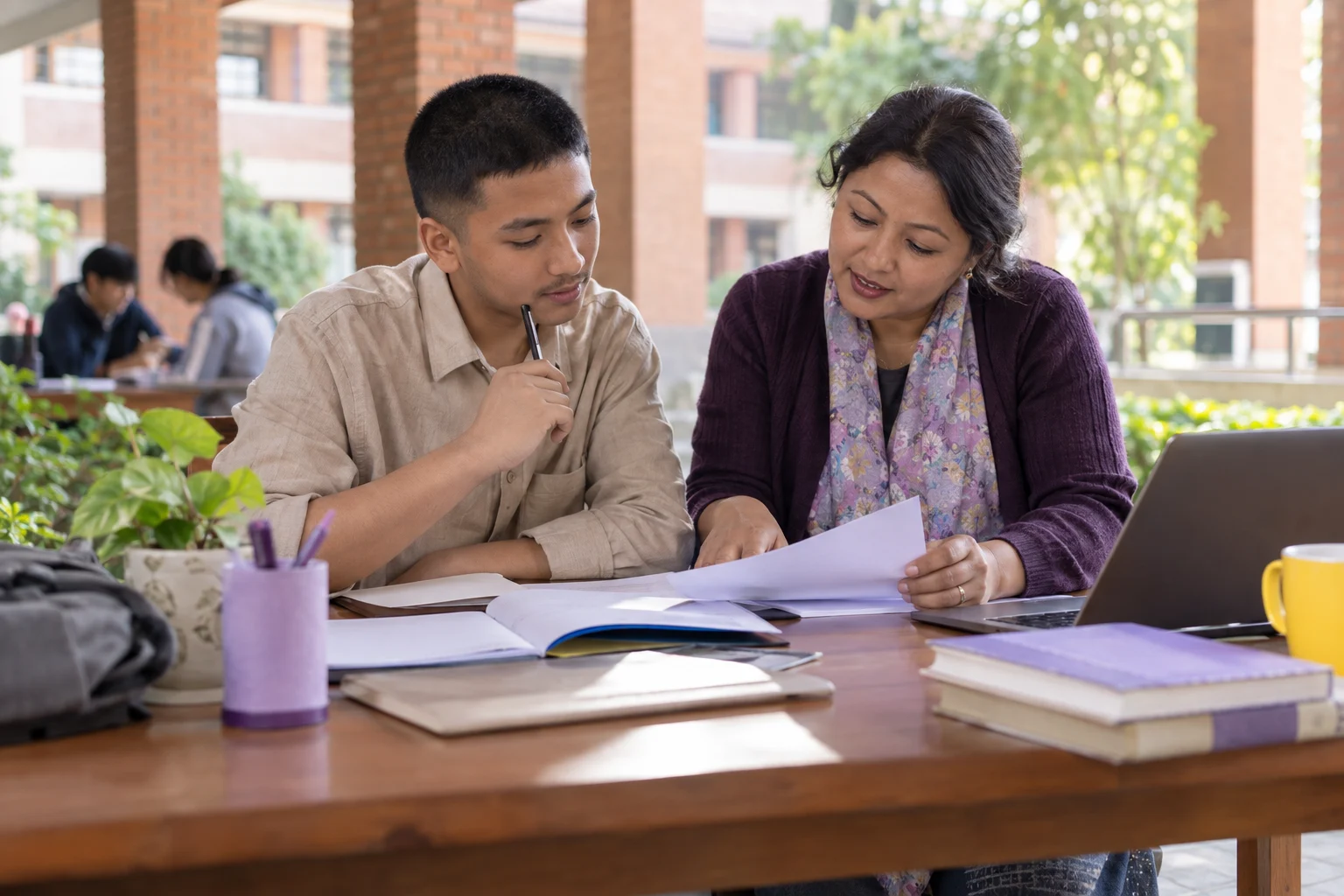 Nepali teenage boy reviewing logical comparison examples with a mentor