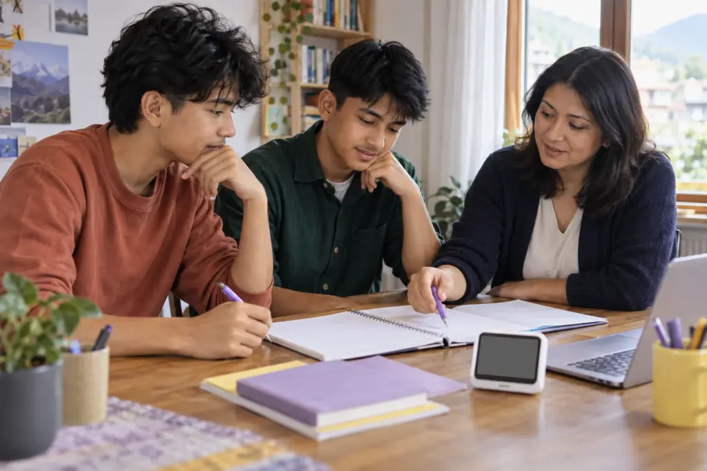 Nepali teenage students planning SAT Reading and Writing practice time with a teacher