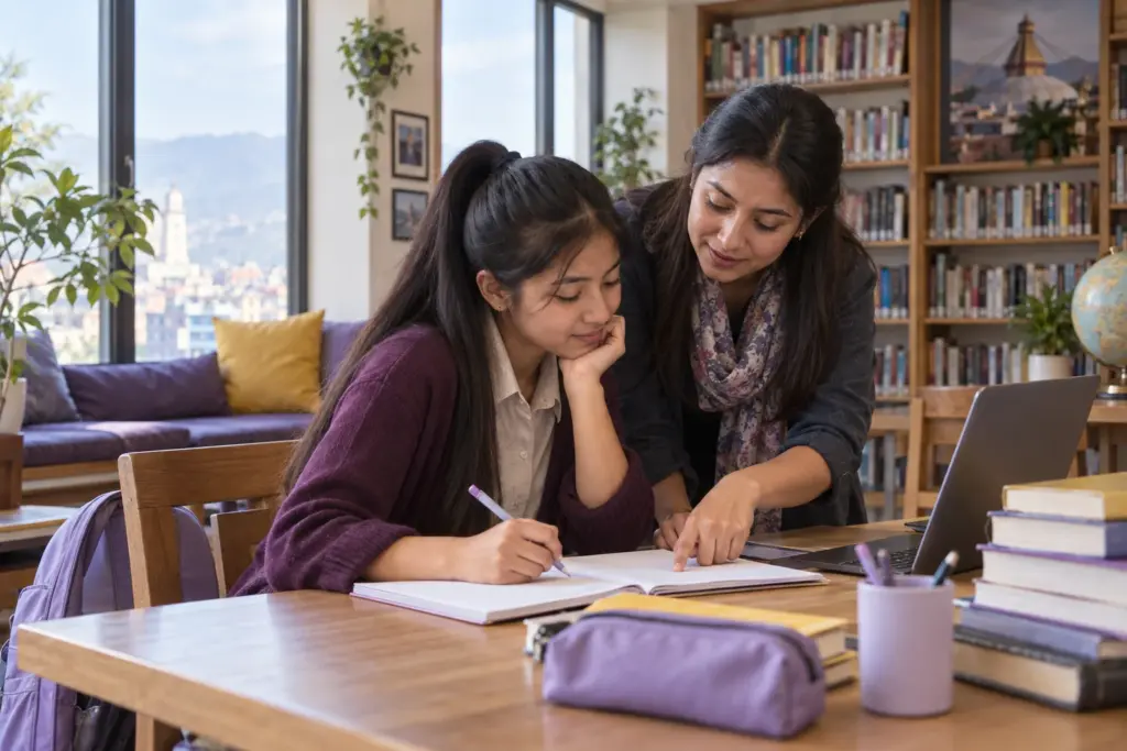 Nepali teenage boy translating a math word problem into a linear equation with a tutor