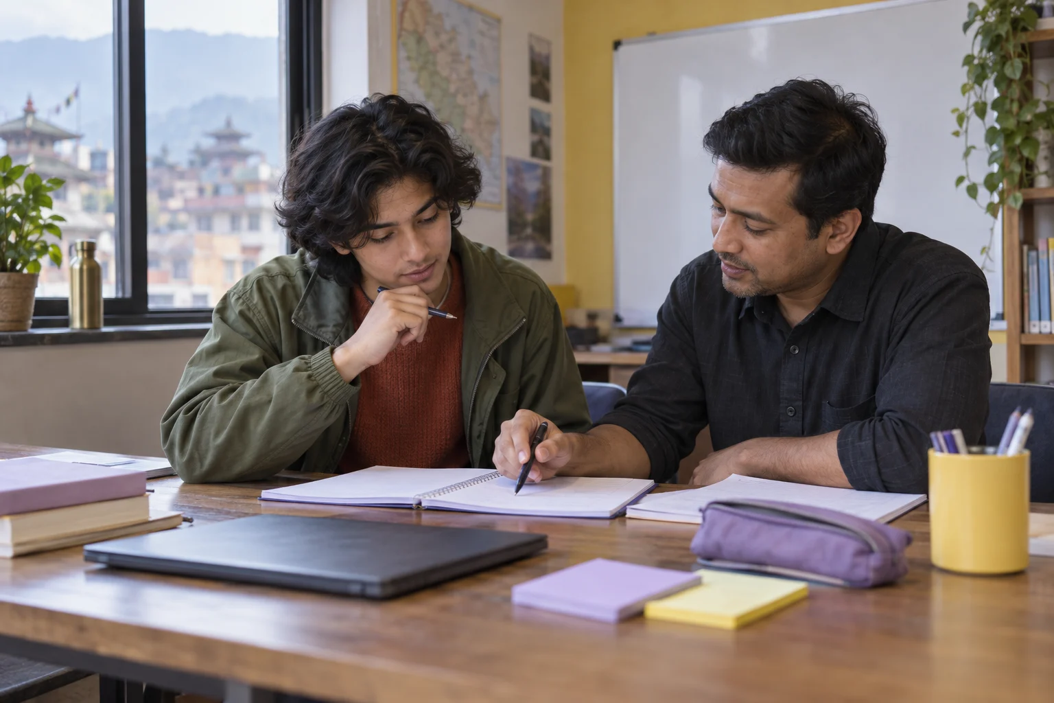 Nepali teenage girl checking a linear equation solution with a tutor