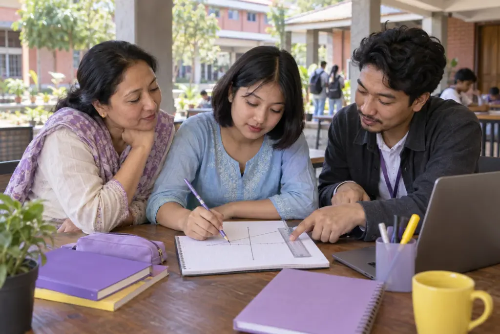 Nepali teenage girl exploring slope and intercepts on graph paper with a tutor