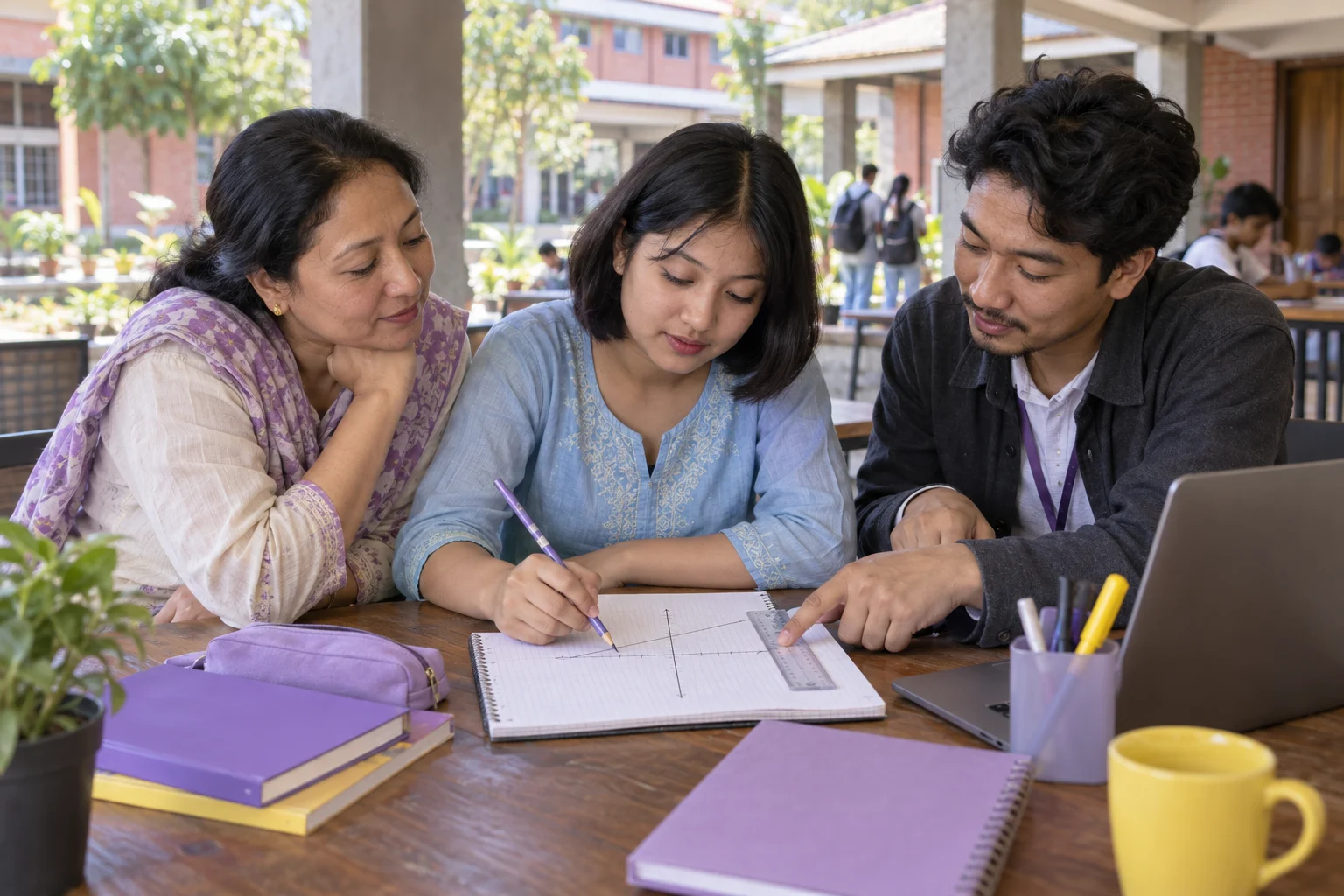 Nepali teenage girl exploring slope and intercepts on graph paper with a tutor
