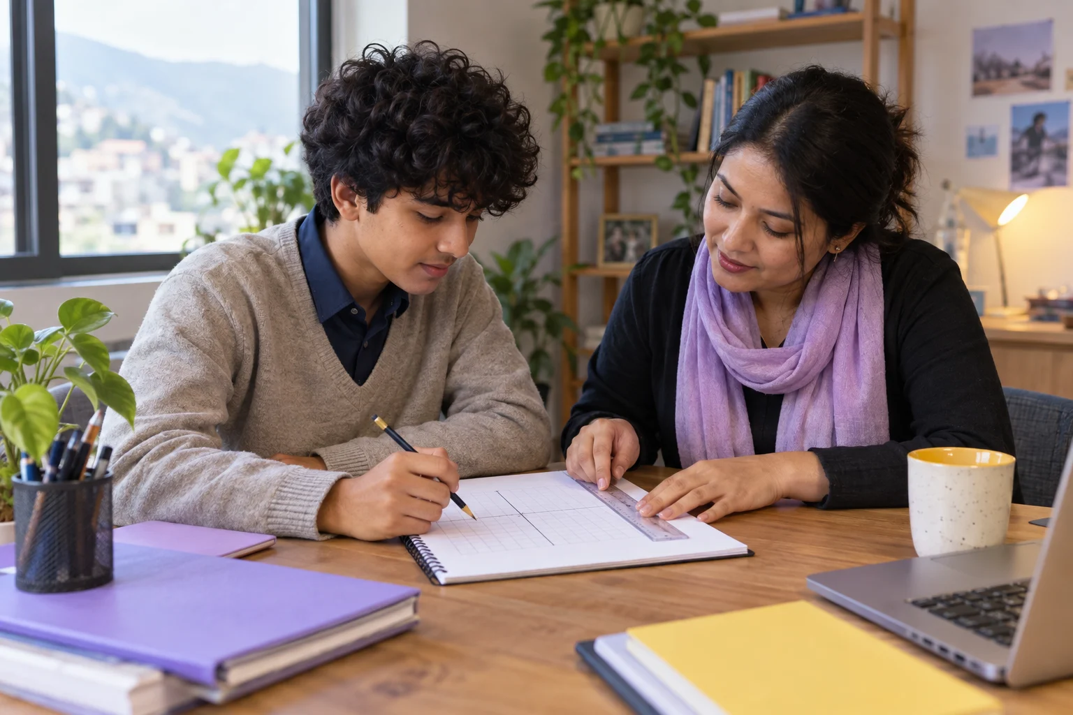 Nepali teenage boy drawing a linear function graph with a mentor