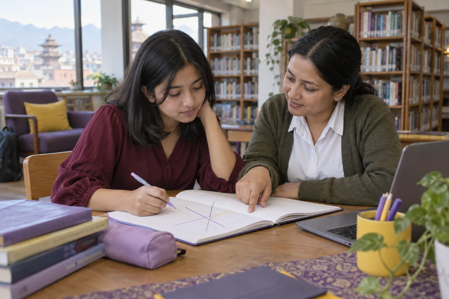 Nepali teenage girl reviewing a system of linear equations with a tutor
