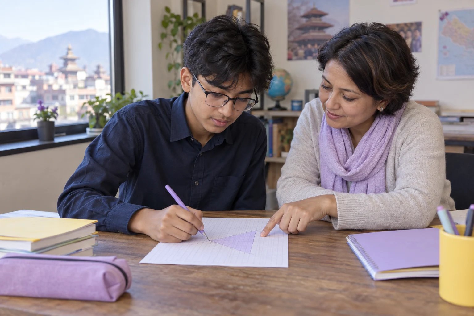 Nepali teenage boy sketching a linear inequality solution with a tutor