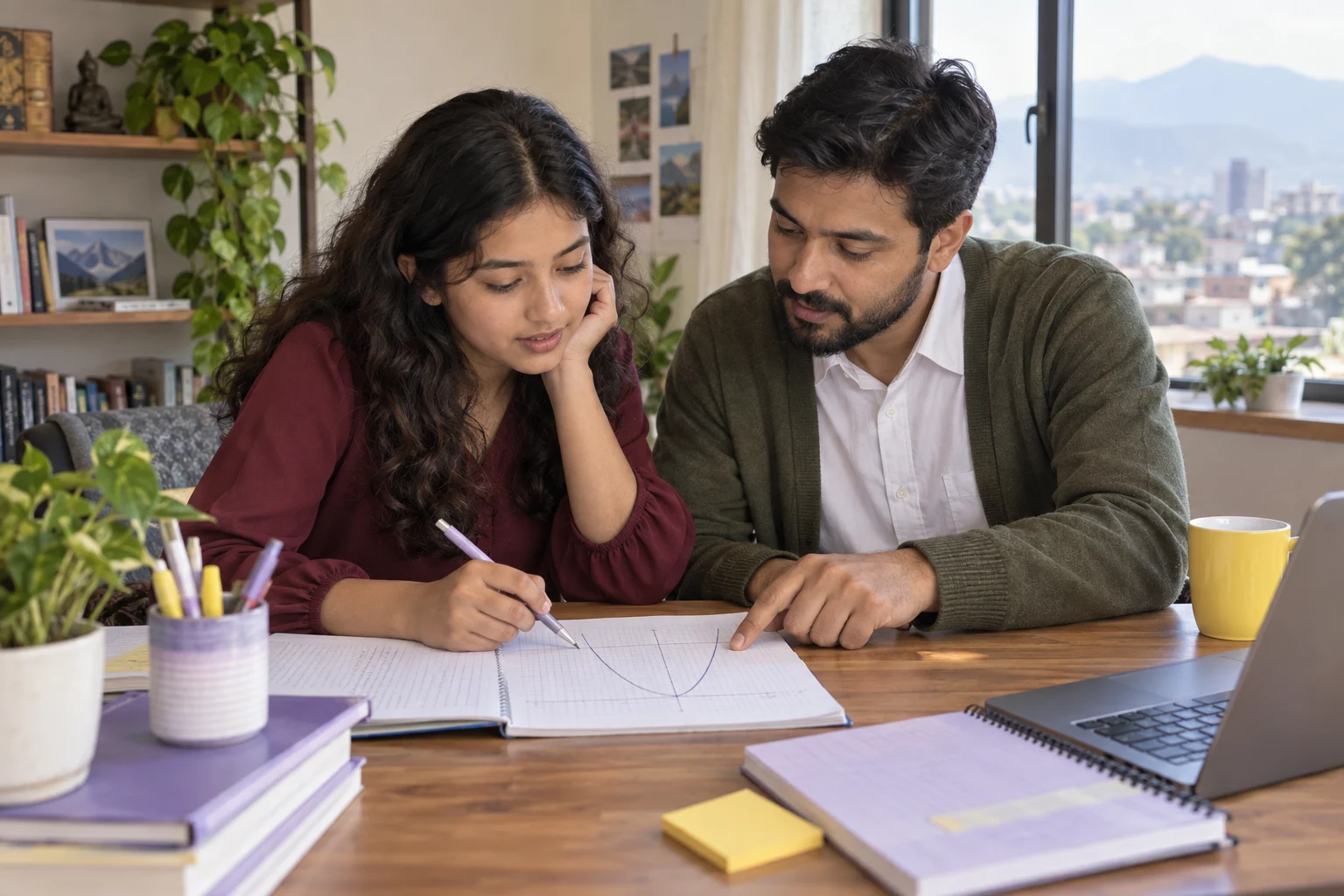 Nepali teenage girl studying a quadratic curve with a tutor