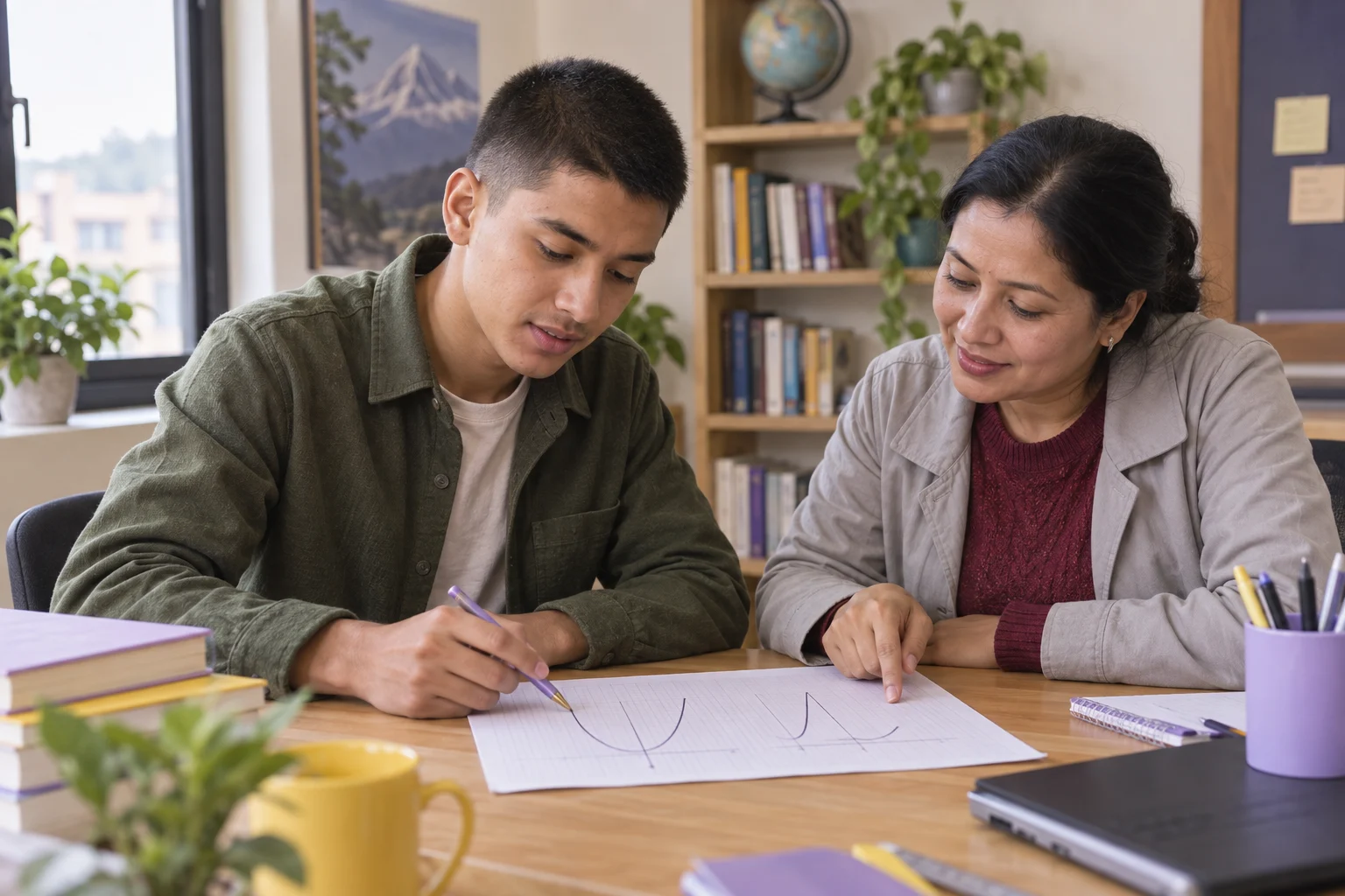 Nepali teenage boy comparing quadratic graph shapes with a mentor