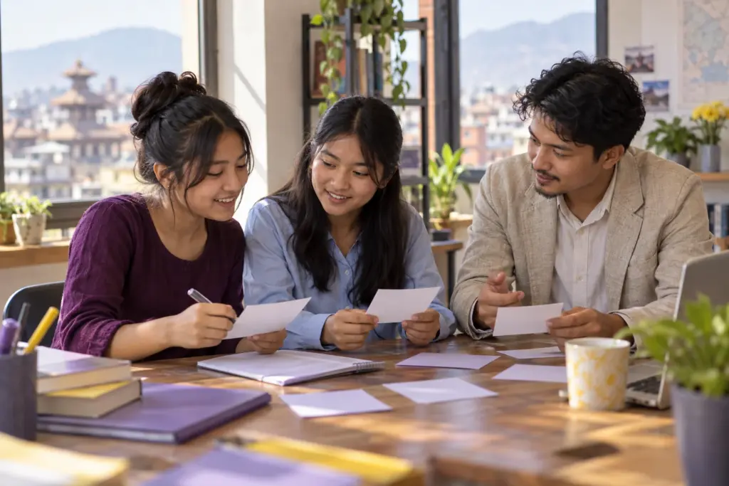 Teenage SAT students reviewing equivalent expressions with study materials at a desk