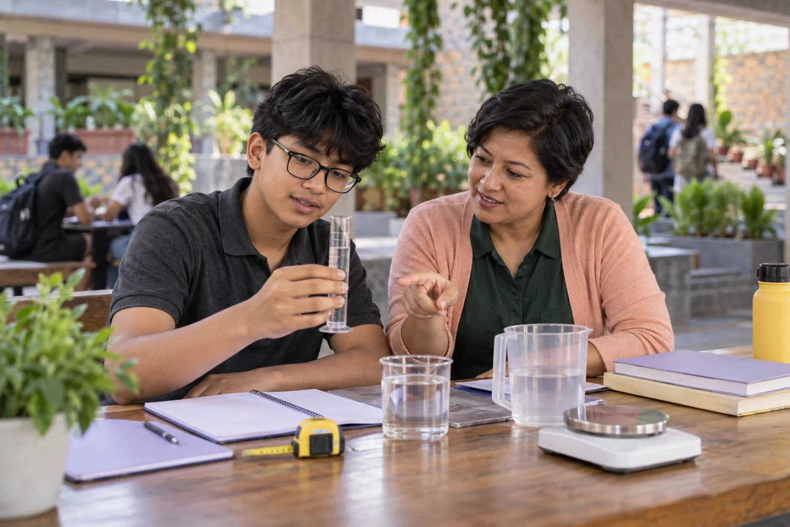Teenage SAT students reviewing ratios and rates with study materials at a desk