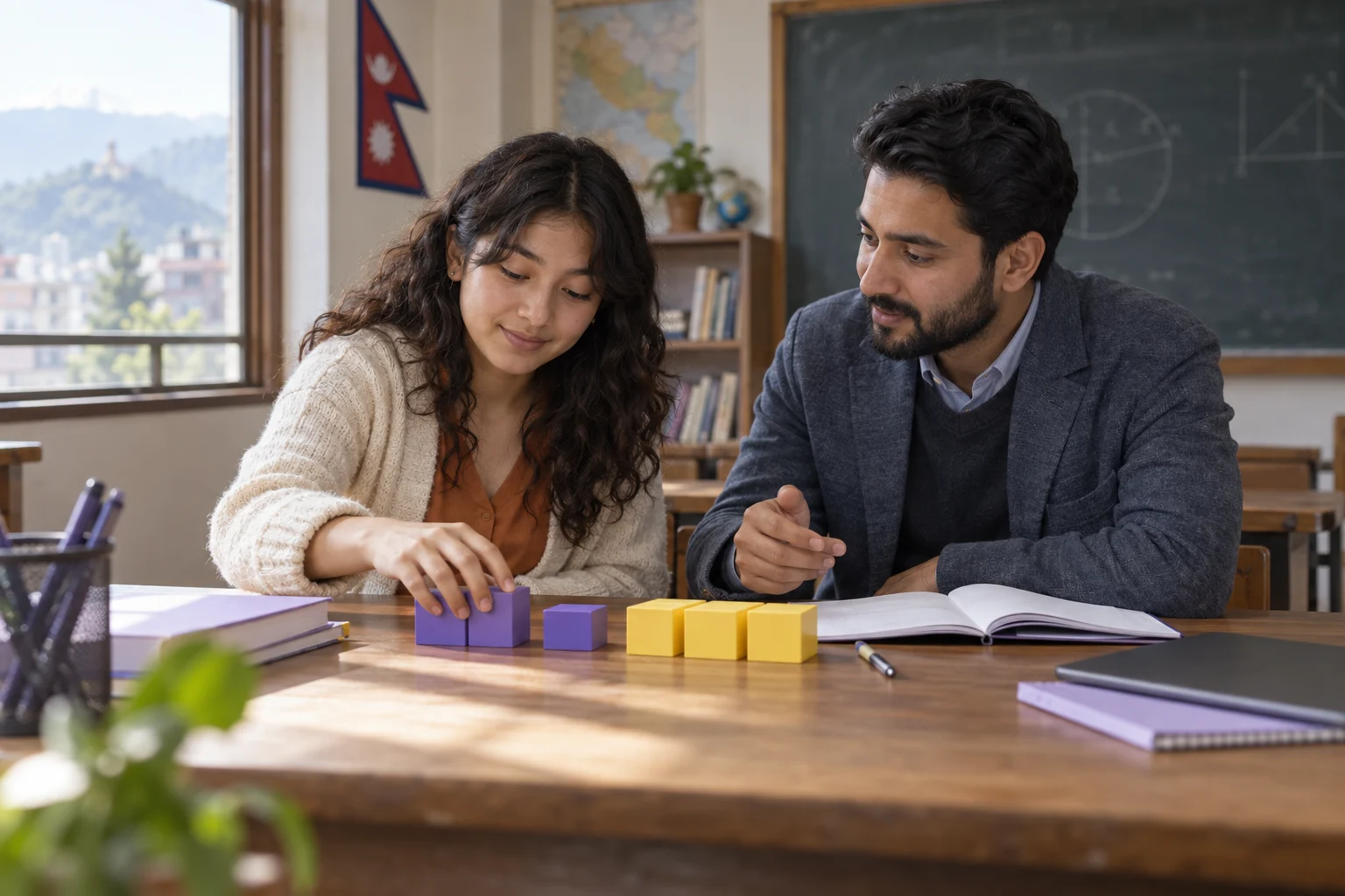 Teenage SAT students reviewing percent change with study materials at a desk