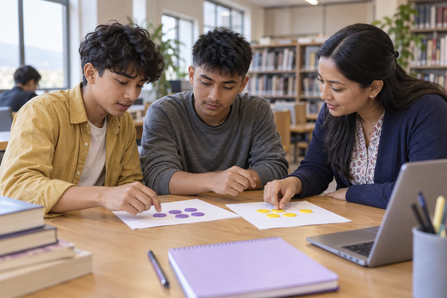 Teenage SAT students reviewing one-variable data with study materials at a desk