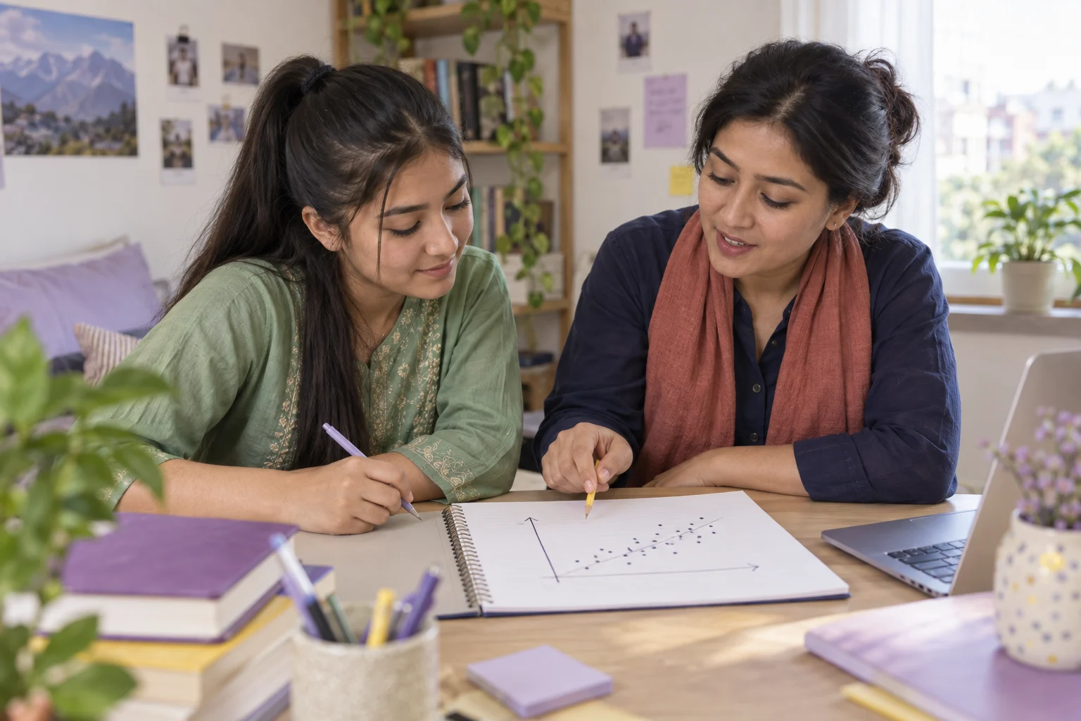 Teenage SAT students reviewing scatterplots with study materials at a desk
