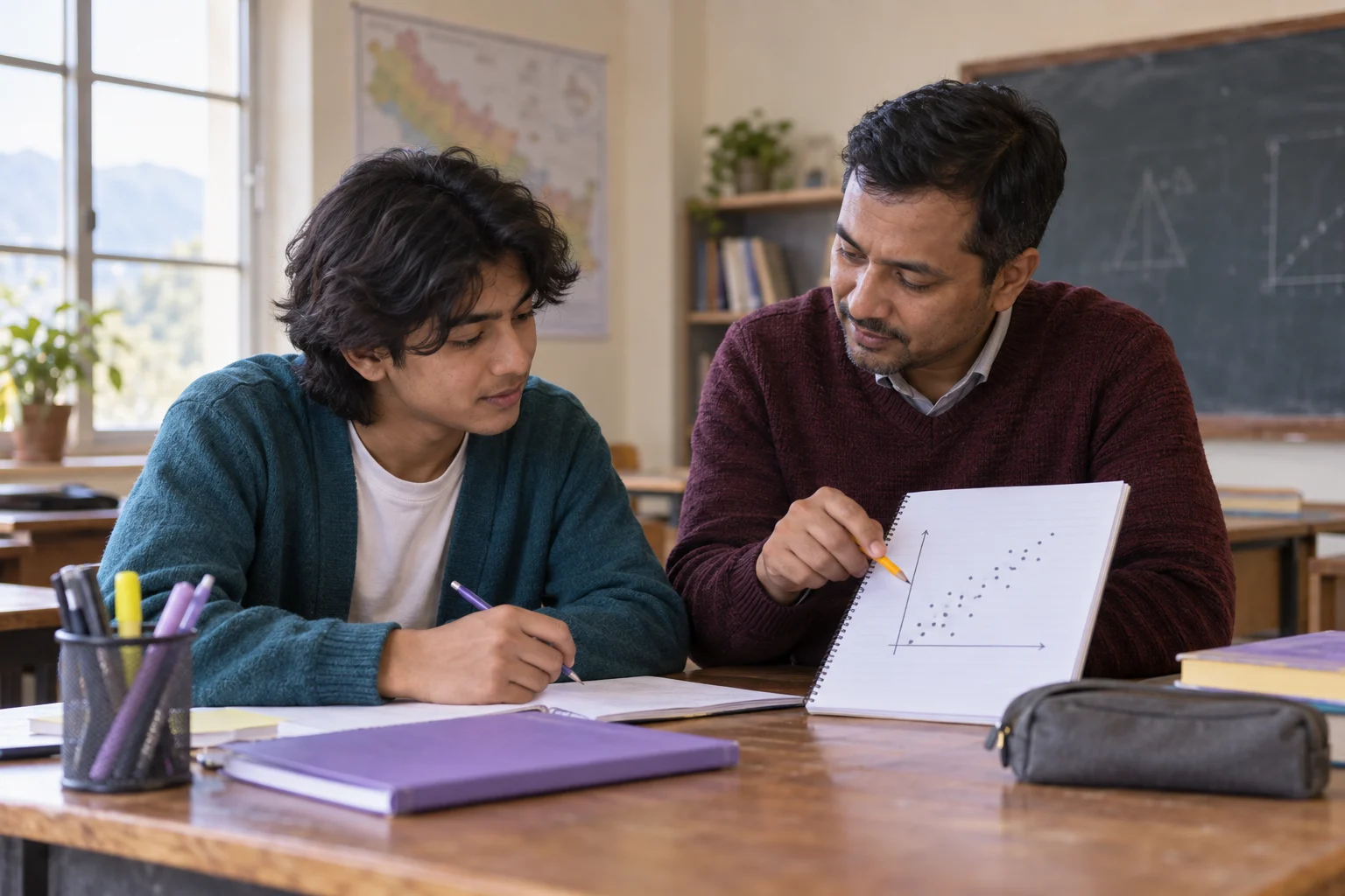 SAT study scene with a teenager working through scatterplots concepts