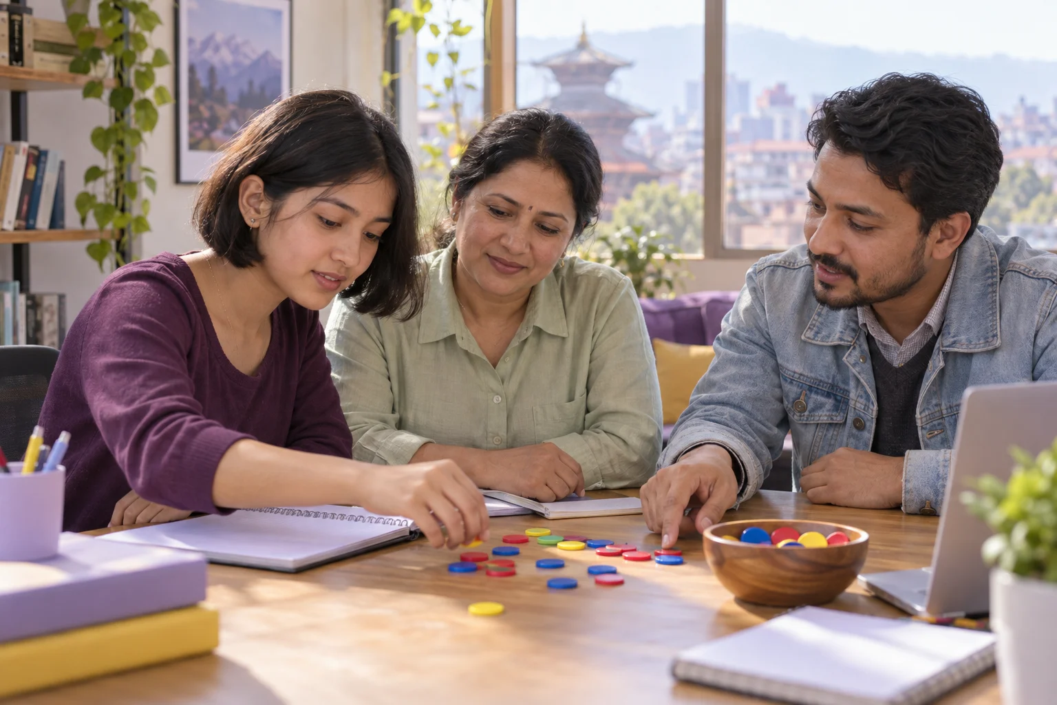 Teenage SAT students reviewing probability with study materials at a desk