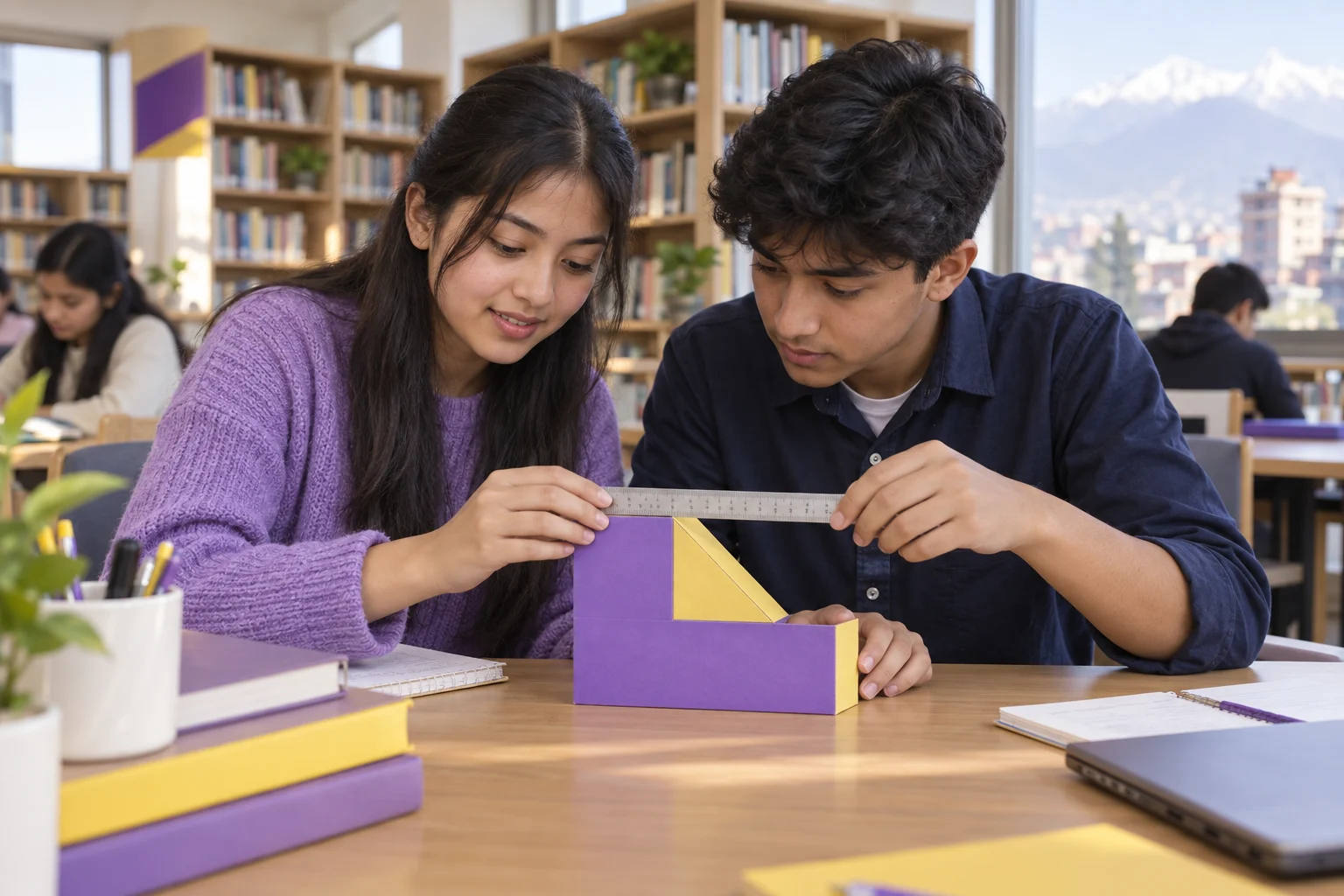Nepali SAT students use a ruler and paper model to study area, volume and scale factors
