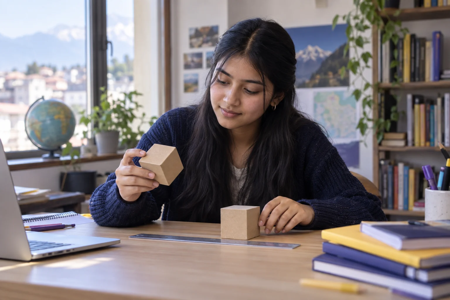 Teen SAT students measure a three-dimensional paper model while practising geometry