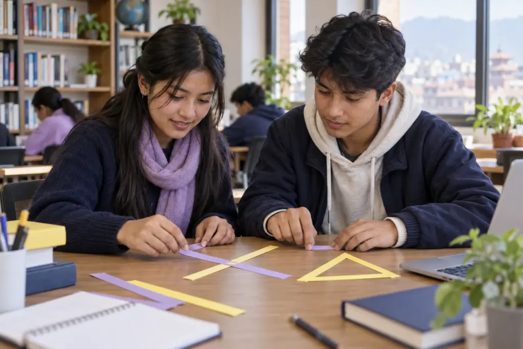 Teen SAT learners compare line and angle diagrams with a tutor