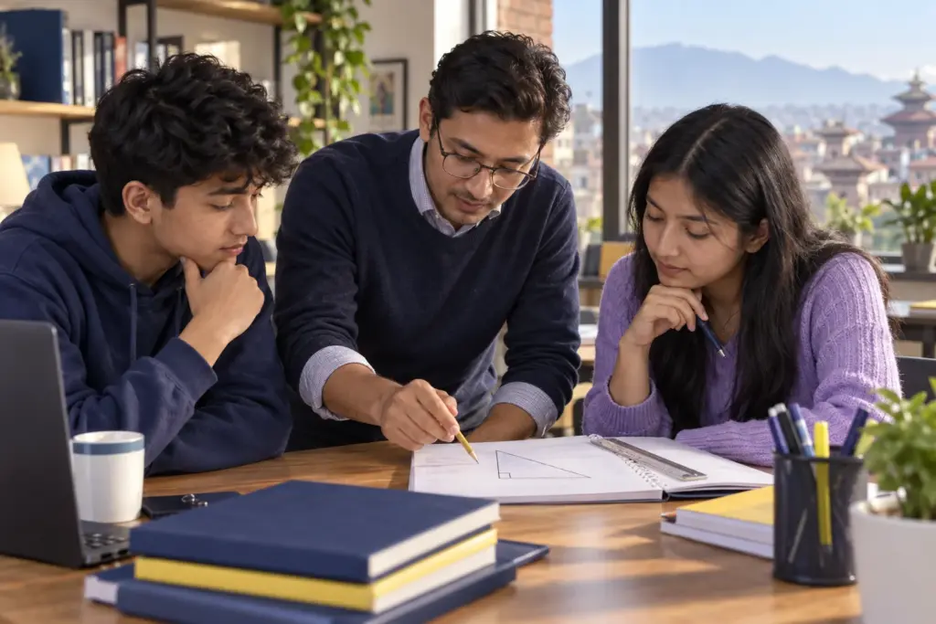 Nepali SAT students study right triangles with a tutor