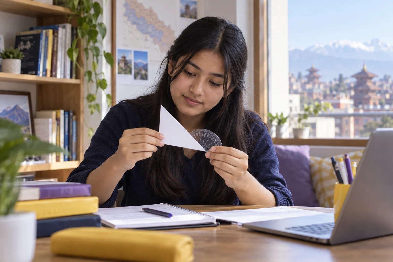 Teen learner uses a protractor to review SAT right triangle questions
