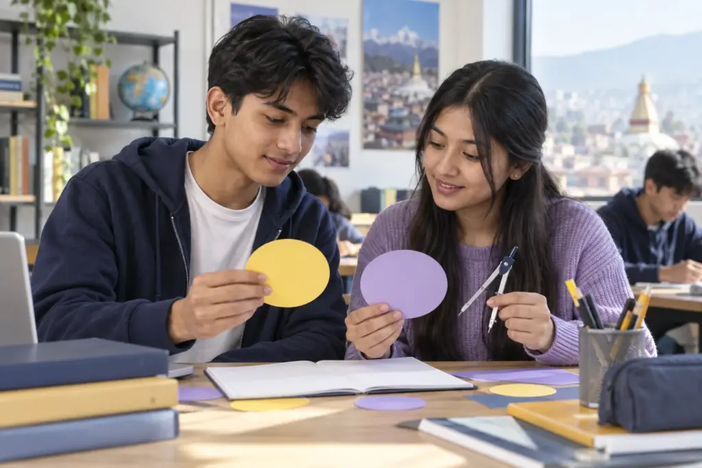 Teen SAT students explore circles using paper cutouts and geometry tools