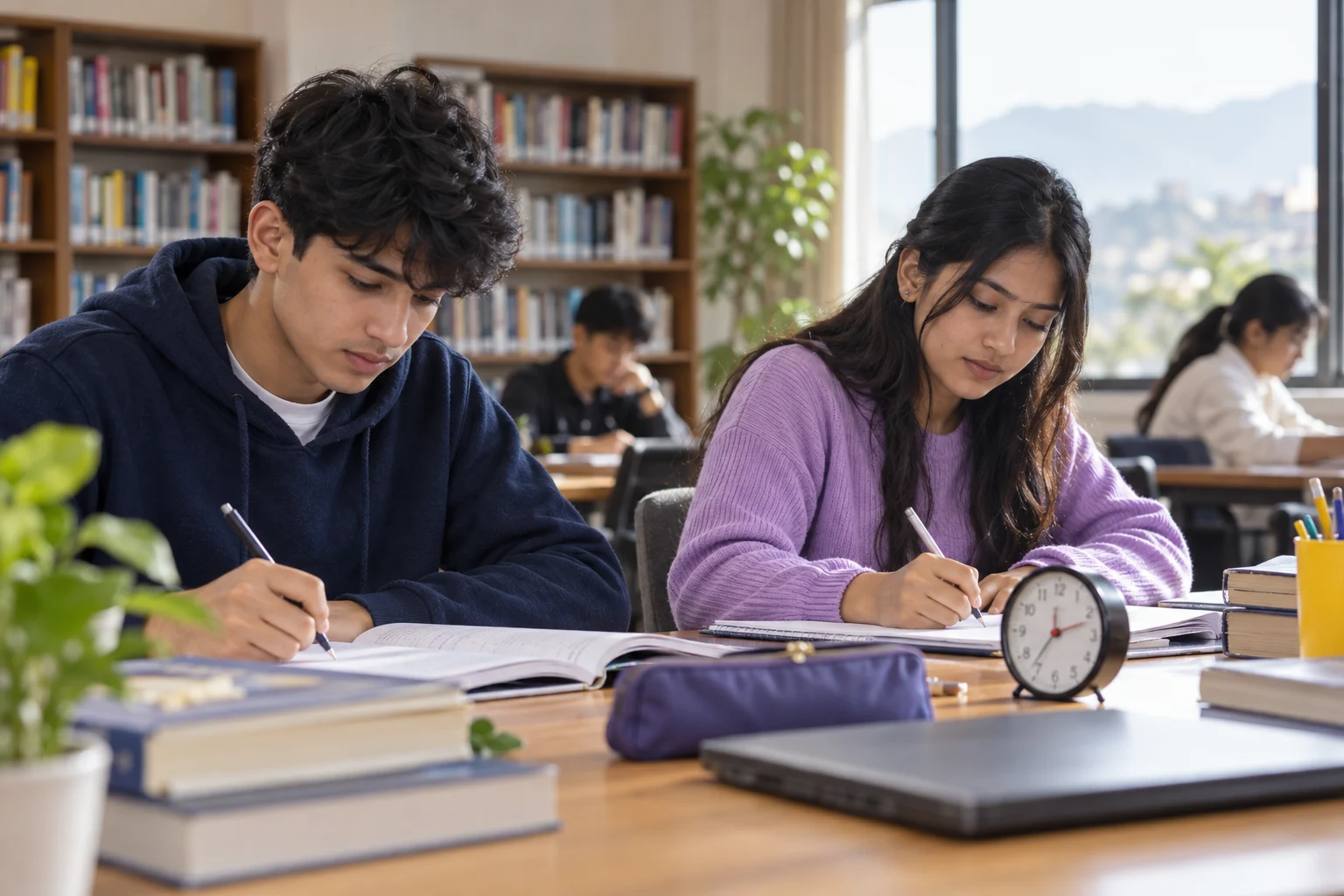 SAT student plans Module 2 pacing with a timer and notebook