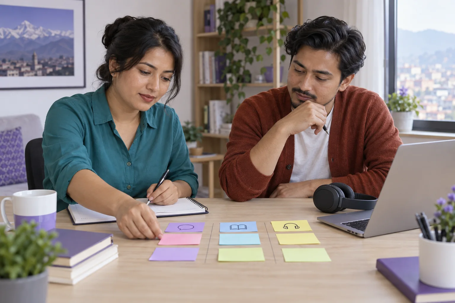 Nepali tutor and learner mapping PTE Academic practice tasks with headphones and notebook