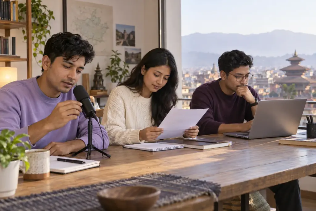 Three Nepali learners practising PTE Academic speaking, reading and computer tasks at a study desk