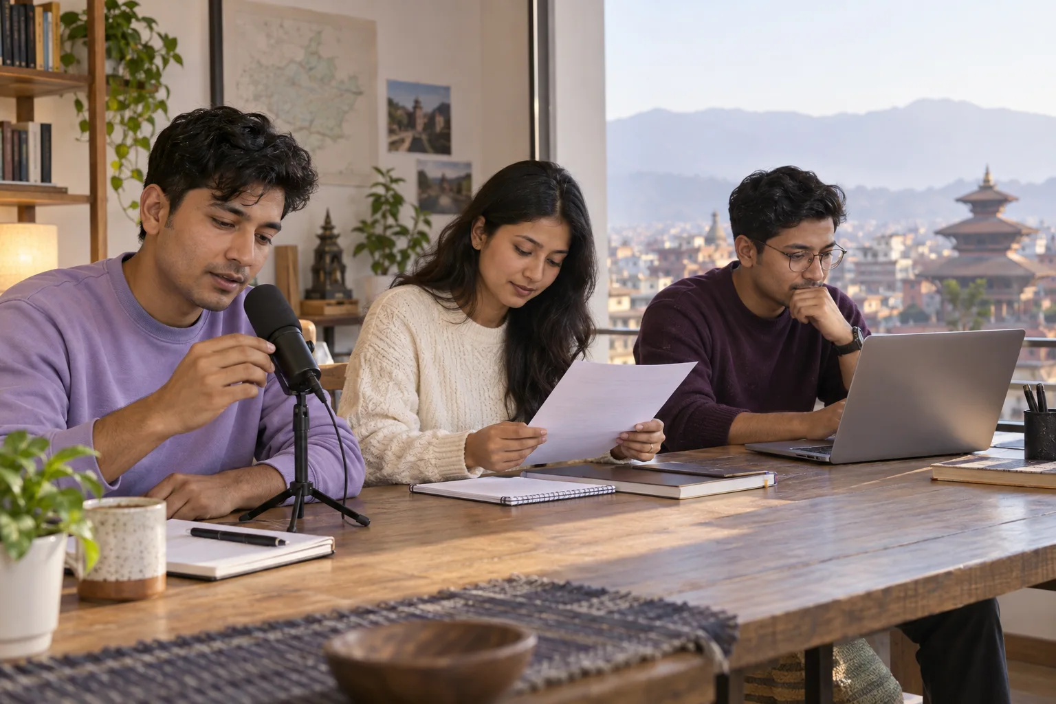 Three Nepali learners practising PTE Academic speaking, reading and computer tasks at a study desk