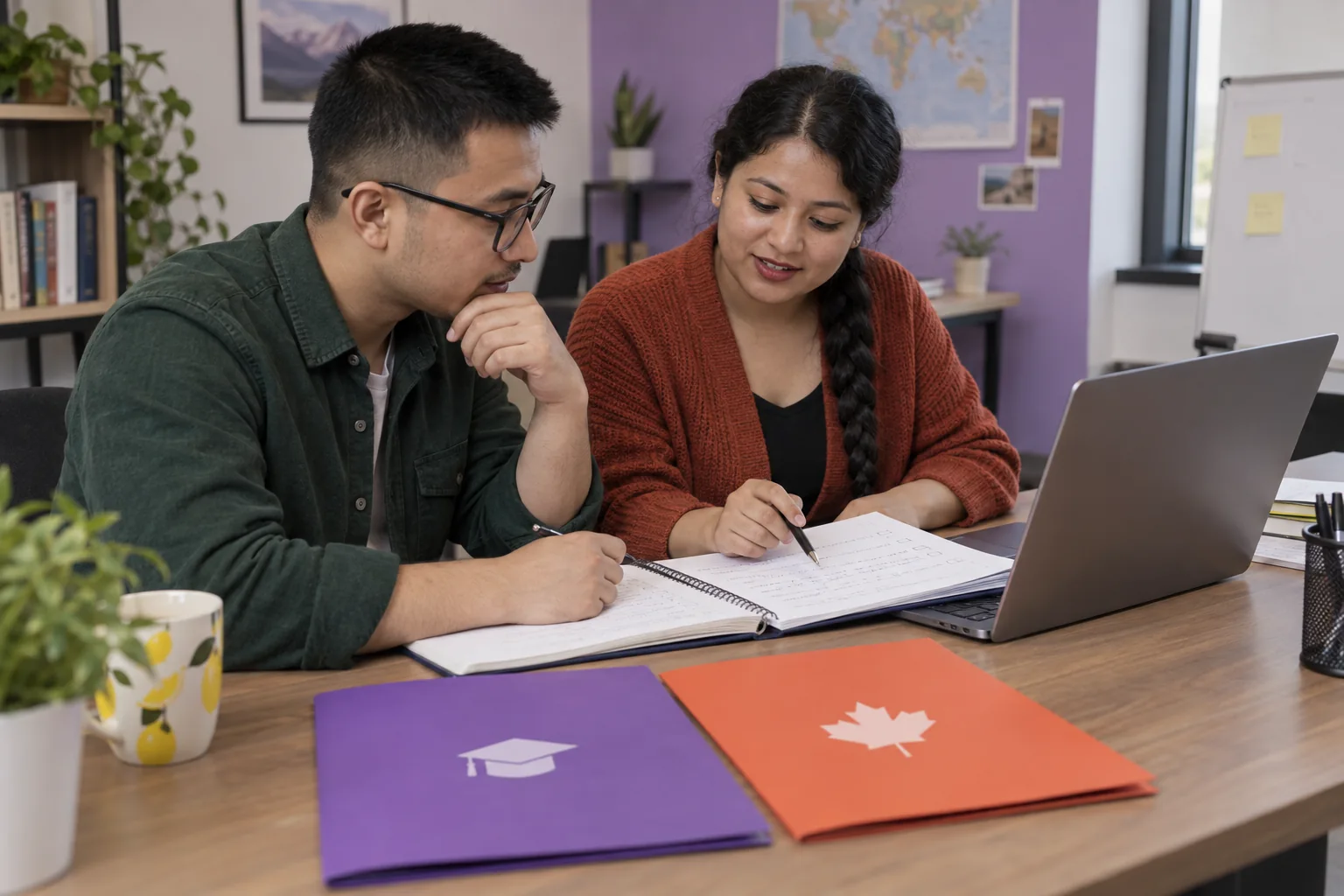 Nepali tutor and learner reviewing a PTE test selection checklist beside a laptop