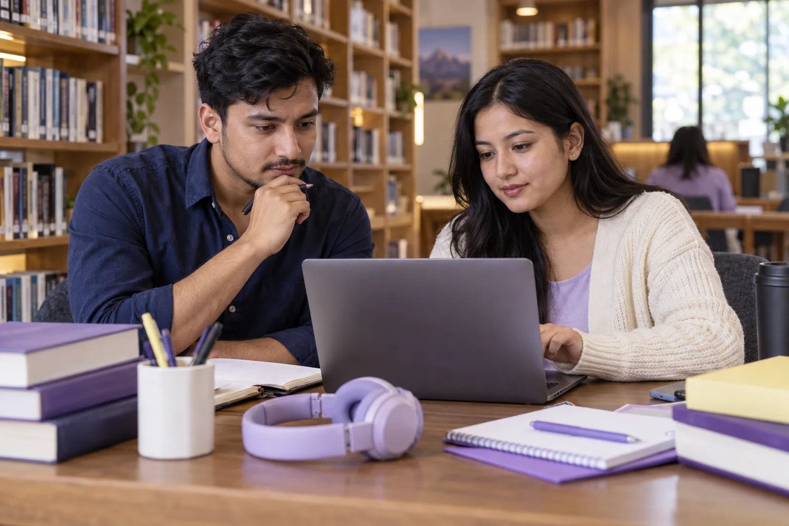 Nepali man and woman checking a laptop and notes for a PTE Academic UKVI decision