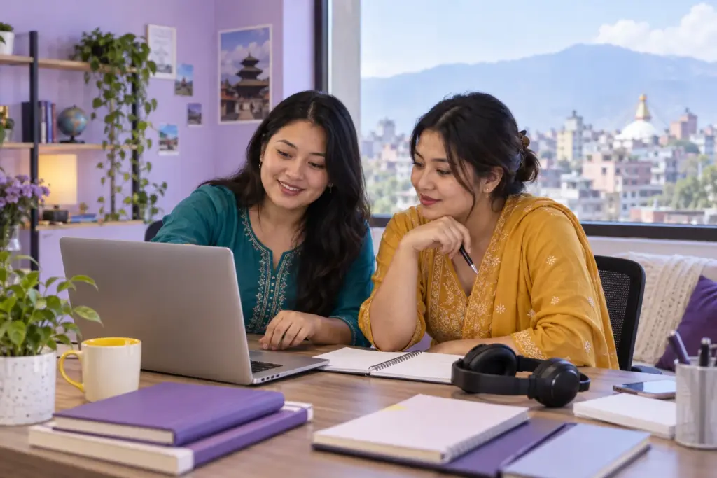 Two Nepali learners reviewing a laptop while comparing PTE Academic and UKVI options