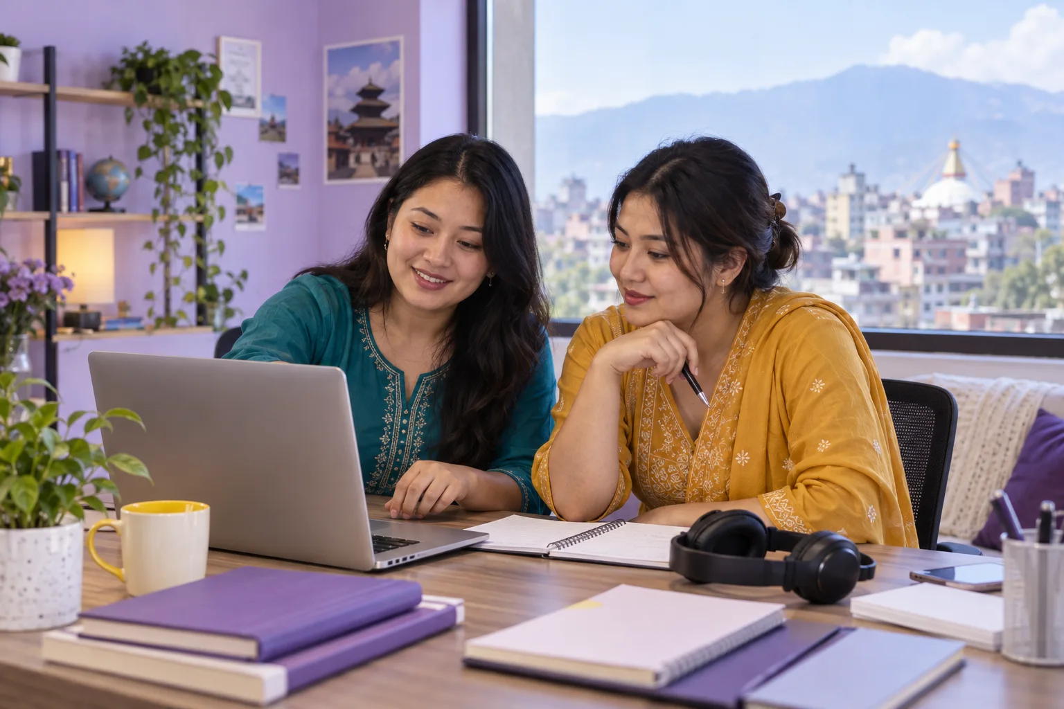Two Nepali learners reviewing a laptop while comparing PTE Academic and UKVI options