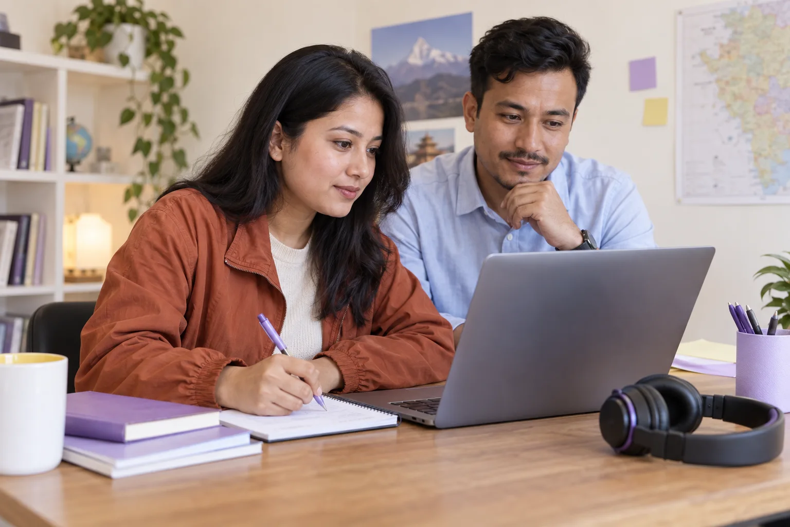 Nepali student writing an ID and booking checklist beside a laptop and headphones