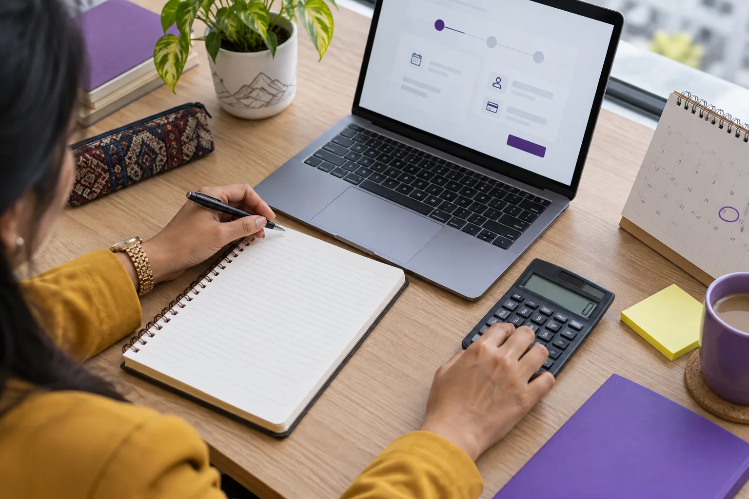 Nepali learner comparing a booking calendar and calculator beside a laptop for the PTE Academic fee