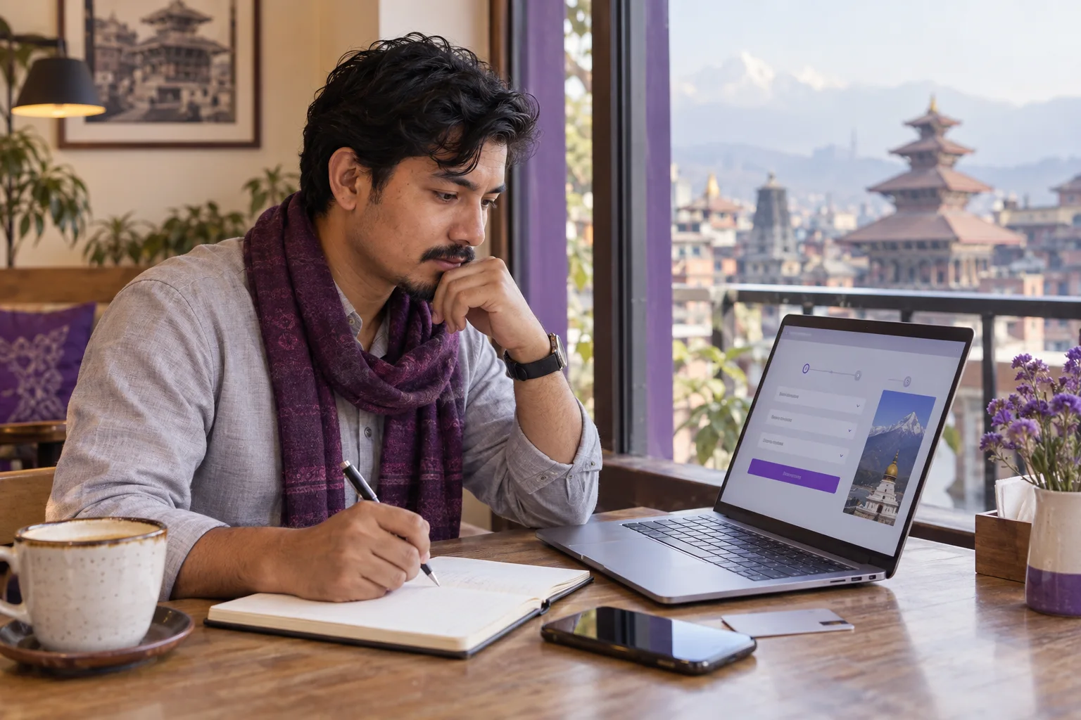 Nepali learner checking a laptop and notebook before paying the PTE Academic test fee